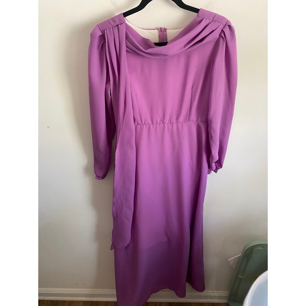Vintage Orchid Purple Cowl Neck‎ Maxi Dress Draped Sash Puff Sleeve Formal